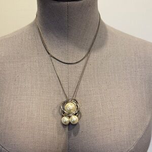Silver-Tone Long Necklace with Faux Pearl Cluster Pendant